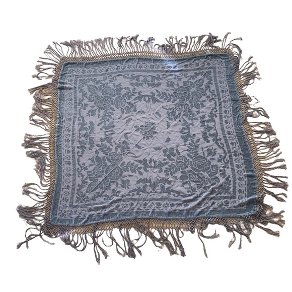 TERANI COUTURE squared silk blend scarf/shawl with fringe boho - Picture 5 of 11